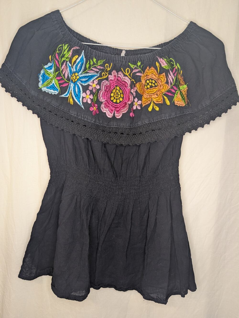 Black peasant embroidery top